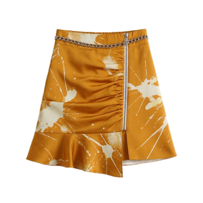 Women's Orange Sunset-Print Satin Skirt with Crystal Starfish Embellishments