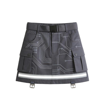 Women's Olive Green Cargo Skirt with World Map Print & Adjustable Drawstrings